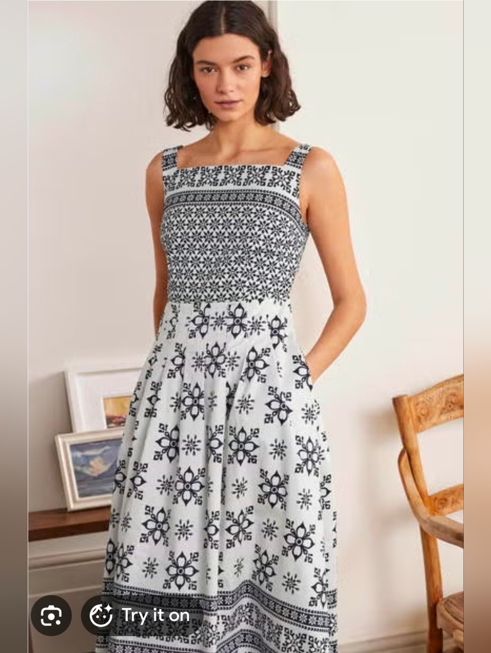 Boden White & Black Printed Square-Neck Cotton Midi Dress - Size 16/18R